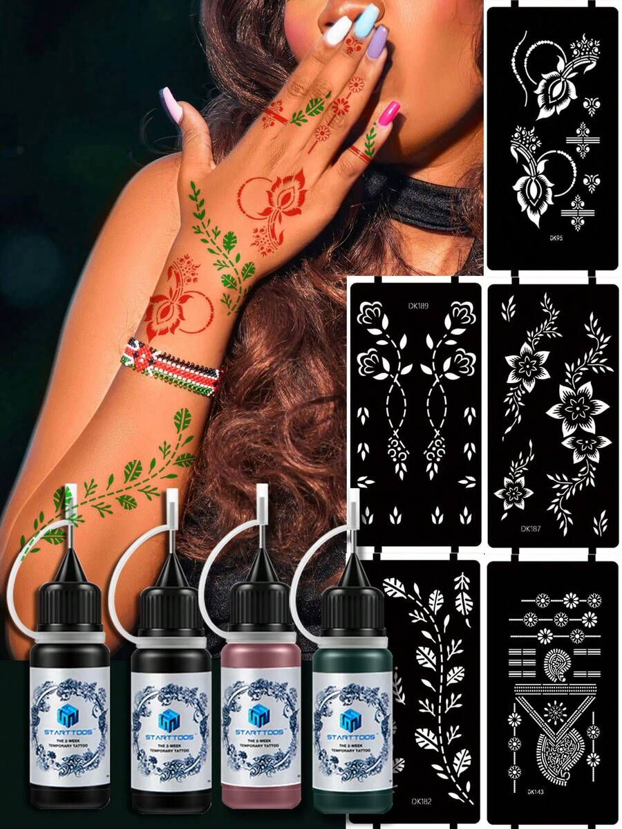 Handmade Tattoo Template & Natural Dye Kit (Tattoo Template + Natural Plant Dye), Multi-Designs Suitable For Men & Women. Semi-Permanent Finger, Wrist, Shoulder, Neck, Collarbone, Body Art, Skin Painting, Waterproof Tattoo Template Set - Multicolor - View 1