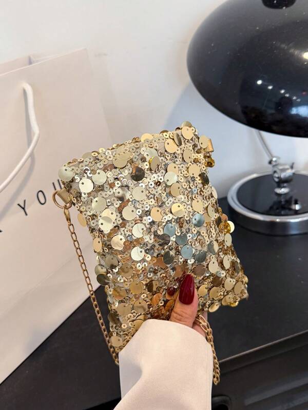 1pc Quilted PVC Sequin Compact Pouch, Fashion Glitter Change Purse/Phone Case Women Party Clutch Bag With Detachable Chain, Stylish Glittery Crossbody Shoulder Bag Suitable For Women Party Events