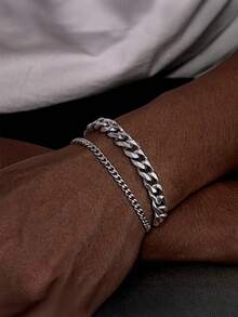 2 件/套男士不锈钢不褪色重磅多层时尚马衔索手链套装，男士时尚配饰套装，日常佩戴腕饰，适合送给男朋友、朋友、父亲 - 銀色 - 查看 1