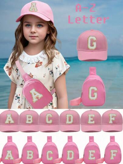 2件套 A-Z字母儿童休闲老爹帽和运动棒球帽，腰包，轻便休闲包，男女童皆宜