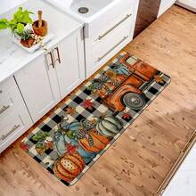 1/2pcs Autumn Thanksgiving Floor Mats, Classic Black And White Plaid Background Embellished With Red Truck With Colorful Pumpkin Pattern Kitchen Floor Mats, Thanksgiving Decoration, Suitable For Party Decoration, Bathroom, Kitchen And Laundry, Home Kitchen, Indoor And Outdoor Use, Home Decoration