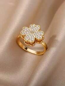1pc Stainless Steel Zirconia Heart-Shaped Four-Leaf Clover Rotating Open Ring, Luxurious And Elegant, Suitable For Women's Daily Wear, Christmas Holiday Gift - Multicolor - View 1