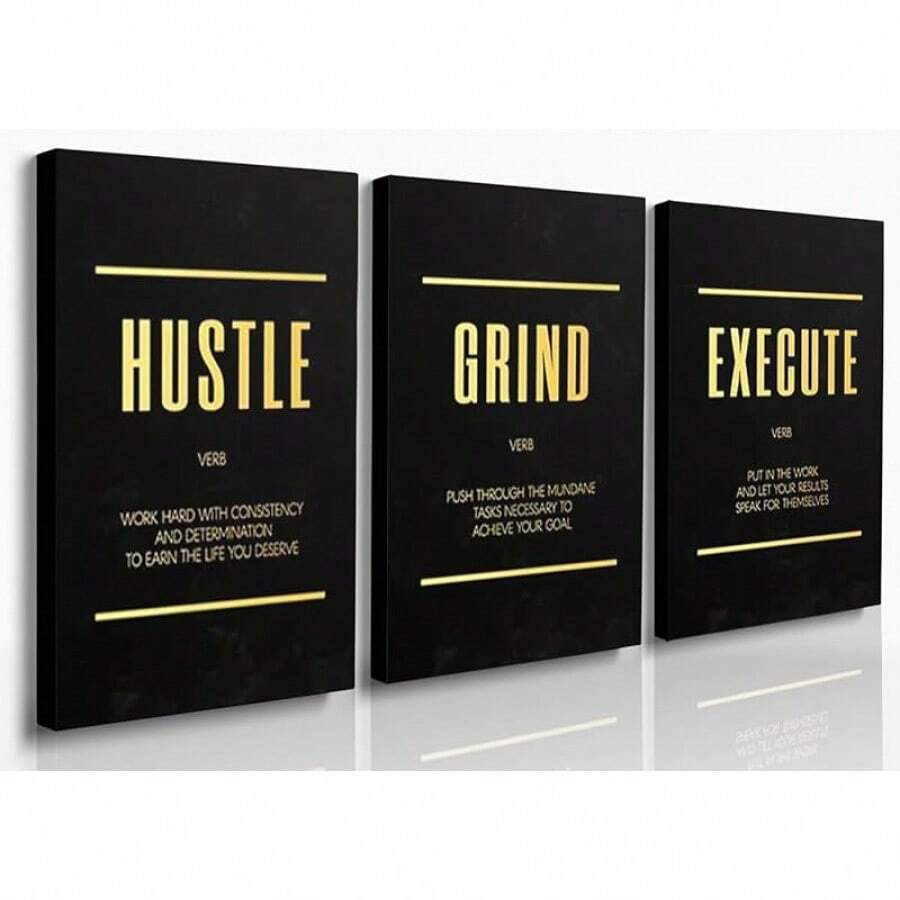 GUBIYU Black Hustle Grind Execution Wall Art Set Of 3 Framed Canvas Office Inspirational Motiviational Wall Decor Art Positive Quotes Posters Living Room Pictures Walls Decor Mens Guys 12x16 - 黑金001 - 查看 1