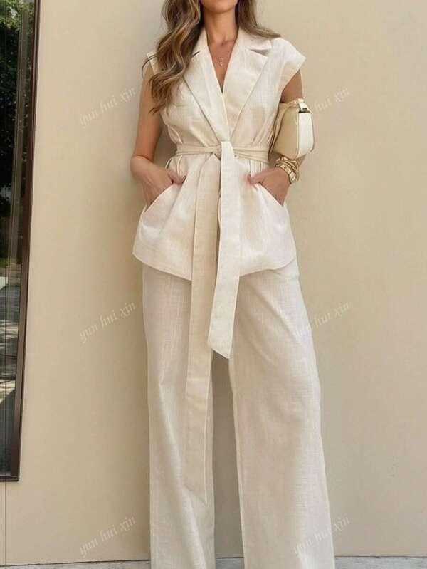 Conjunto de 2 piezas de camisa elegante y pantalón largo, de unicolor, de estilo romántico y minimalista para mujer