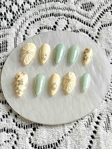 qihangxin 10片手工穿戴甲，黃色指甲，綠色貓眼，手繪金線與花朵，手繪3D水滴花，秋季風格，短款，橢圓形，杏仁形，附工具組，適合日常佩戴與節日禮物 - 彩色 - 查看 7