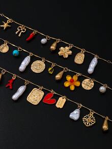 3 件套复古创意时尚多元素金属花朵、蝴蝶结、心形吊坠项链；波西米亚风格海星和水滴吊坠项链套装；女士日常和节日装饰饰品套装 - 彩色 - 查看 7