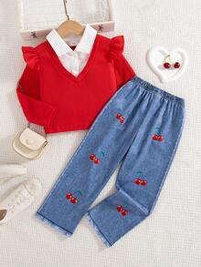 2pcs Girls Casual Outgoing Fashion Contrast Color Frill Hem Splice 2 In 1 Design Half-Open Collar Long Sleeve Top And Pants Set, Spring/Autumn - Red - View 1