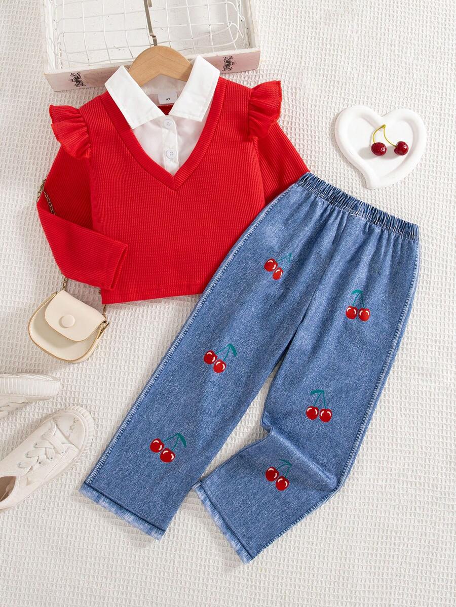 2pcs Girls Casual Outgoing Fashion Contrast Color Frill Hem Splice 2 In 1 Design Half-Open Collar Long Sleeve Top And Pants Set, Spring/Autumn - Red - View 1