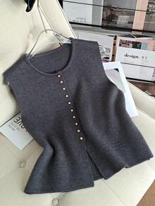 GIGOGOU Chaleco de mujer de cuello redondo, abotonadura sencilla, bolsillo falso, sin mangas, para otoño e invierno, de unicolor, estilo retro, para uso casual y de negocios, chaqueta tipo cárdigan