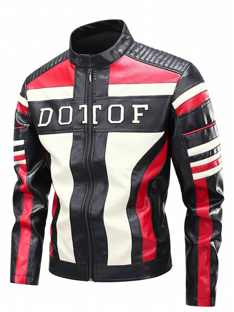 男士撞色刺绣皮夹克，机车风百搭飞行员夹克，朋克风，秋冬款 - 黑色 - 查看 1