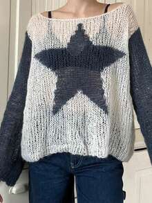 Women's Autumn Loose Sweater Contrast Color Star Pattern Long Sleeve Boat Neck Knitwear Pullover - Dark Grey - View 2