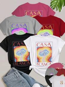 5 件套女士休闲装，纯色圆领宽松 T 恤，100% 纯棉，春夏季短袖上衣，Casa Blanca 字母图案，度假、日常穿着、街头风格、节日服装、合身 T 恤 - 多色2 - 查看 1