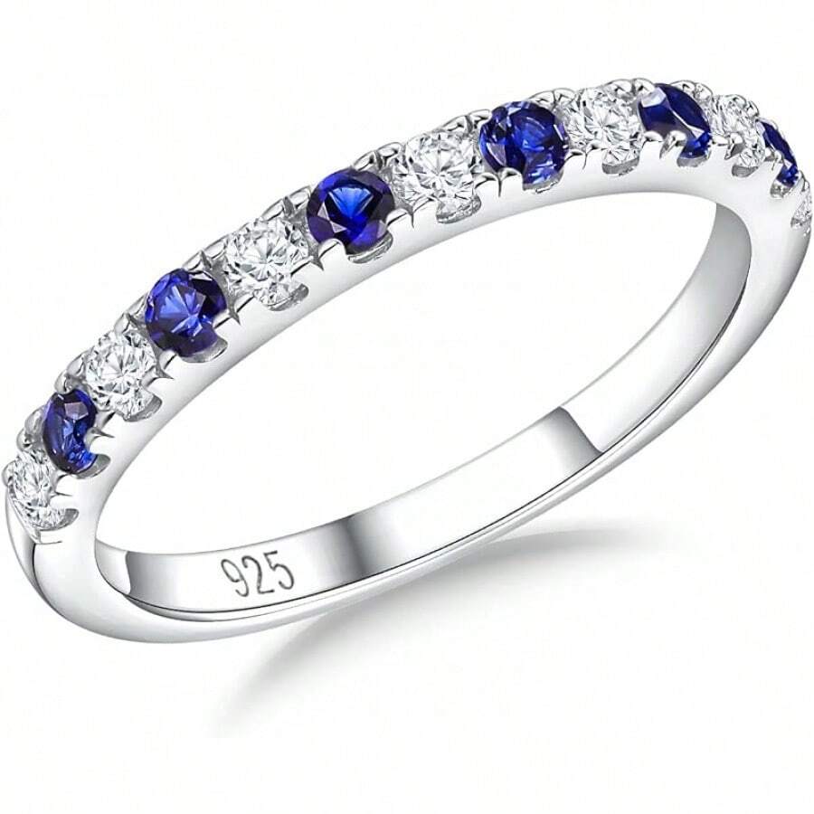 Anillos de piedra natal Banda de eternidad Plata de ley 925/Oro amarillo Gema creada Anillo de boda apilable Banda de media eternidad para mujeres Talla 6 a 10 2025 - 09 de septiembre / zafiro creado - Ver 1