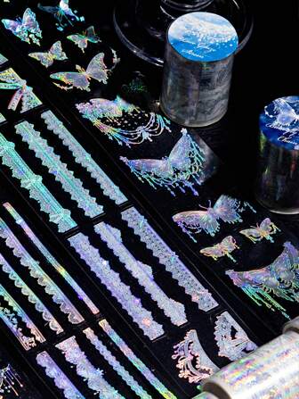 1 Roll 1 Meter PET Holographic Butterfly Lace Border Tape, DIY Scrapbook Decor Cutting Mold Tape,For School Supplies,Back To School