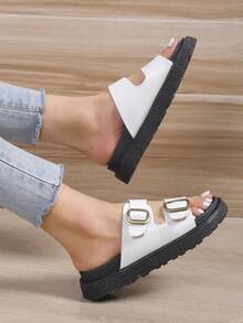 女士扣饰PU凉鞋鞋垫，白色金属扣带厚底时尚女士鞋，沙滩拖鞋 - 白色 - 查看 3