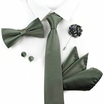 ZONFAZ 5 件/套男士商务经典纯色领带 + 领结 + 口袋巾 + 袖扣 + 翻领针组合西装，适合婚礼和日常西装穿着男士领带