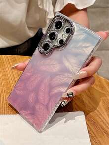 时尚羽毛图案渐变色手机壳适用于三星 Galaxy S25 S24 Ultra Plus S23Ultra S25Ultra 奢华闪亮相机镜头支架保护硬后盖防水防震防摔防刮 - 漸層粉紅色 - 查看 4