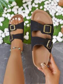 1 Pair Women's Solid Color Bohemian Party Punk Fabric Buckle Strap Sandals, Beach And Outdoor Casual Wear For Summer