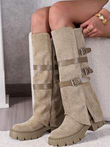 Giày bốt cổ cao mũi nhọn thời trang cho nữ, giày bốt cao gót cổ điển màu nâu có khóa kim loại trang trí, lý tưởng cho phong cách đường phố - Màu Khaki - Xem 2