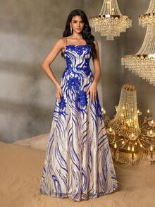 Faeriesty 女士优雅华丽渐变花卉亮片正式派对礼服，后背系带，及地长裙摆 | 适合婚礼、盛大晚宴、戛纳派对及夏季度假的奢华晚礼服 - 寶藍色 - 查看 4