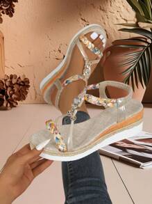 Women's New Wedge Sandals, Summer Rhinestone Fairy Style Fashion Versatile Elegant Open Toe Non-Slip Platform Sandals