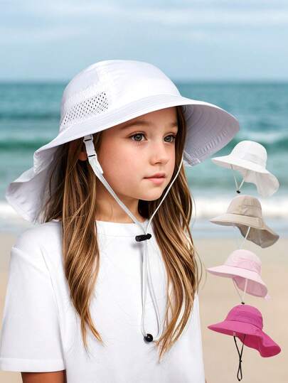 1 件儿童纯色网眼斗篷渔夫帽，防晒沙滩旅行帽，适合 8-16 岁
