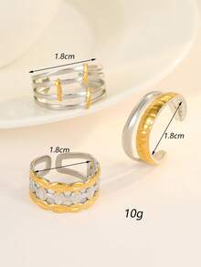 3pcs Stainless Steel Gold And Silver Shell Rings Set, Adjustable Size, Suitable For Women Daily Decoration Or Gift - Multicolor - View 3