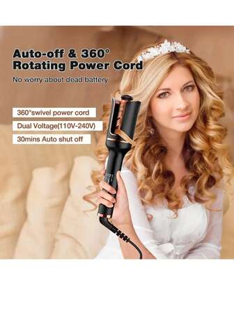 22毫米自动卷发棒，适用于长发，4档温度设置，双电压自动卷发器，带自动断电功能（英国）