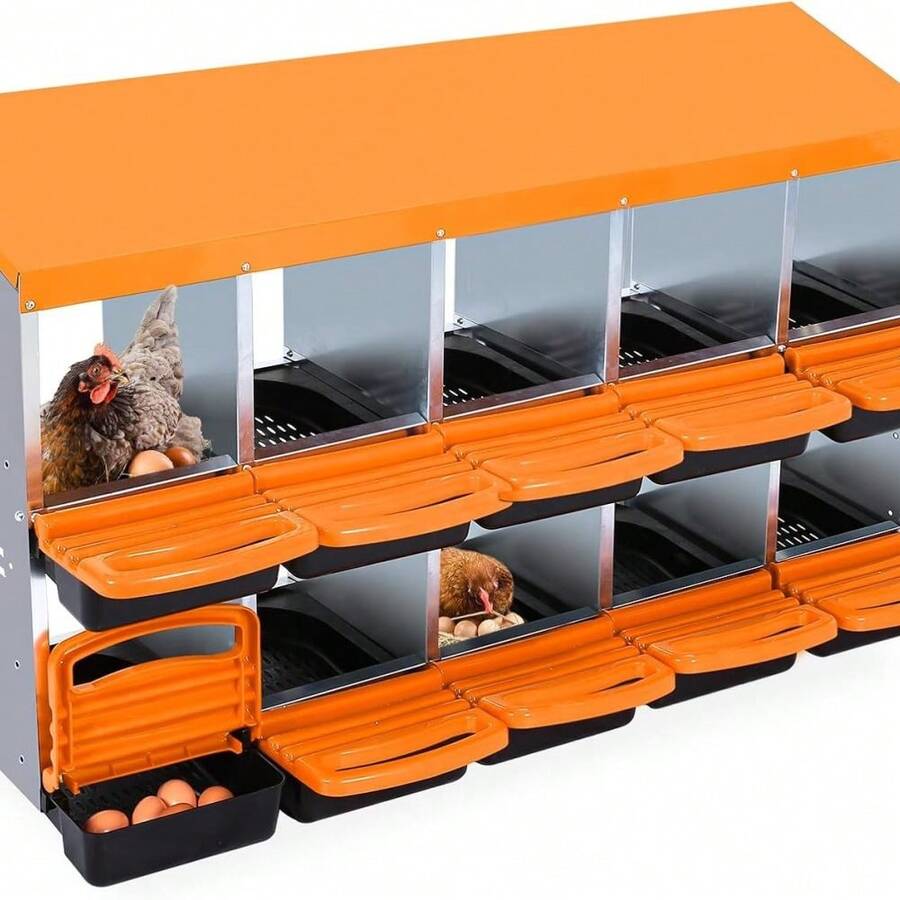 Danolapsi Chicken Nesting Box,6/8/10 Compartment Metal Nesting Box,Wall Mountable Or Freestanding Nesting Boxes For Chicken,Roll Away Nest Box For Laying Eggs - 10孔標準橙色 - 查看 1