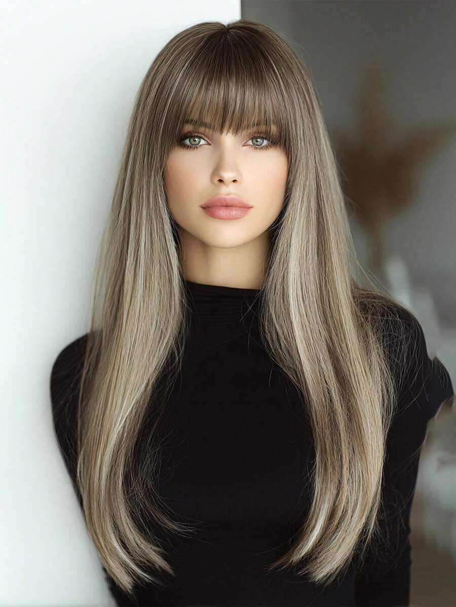 SMILCO 24-Inch Women's Wig, Long Straight Hair With Straight Bangs, Brown Highlights, High-Temperature Silk, Comfortable And Breathable, Suitable For Daily Wear - 挑染棕色 - 查看 1