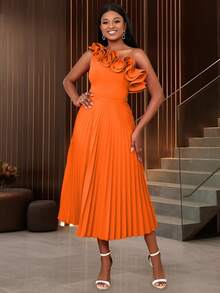 AOMEI Women's Elegant Solid Color One Shoulder Ruffled Pleated Dress - Orange - View 8