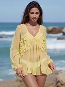 Womens Y2K Sheer Mesh Frill Shirt Tops Solid Color See Through Long Puff Sleeve V Neck Ruffle Hem Loose Fit T Shirts Blouses Boho Peplum Shawl Shirts With Scarf Set Fall Going Out Tops Beach Cover Up Vacation Streetwear - 黃色 - 查看 4