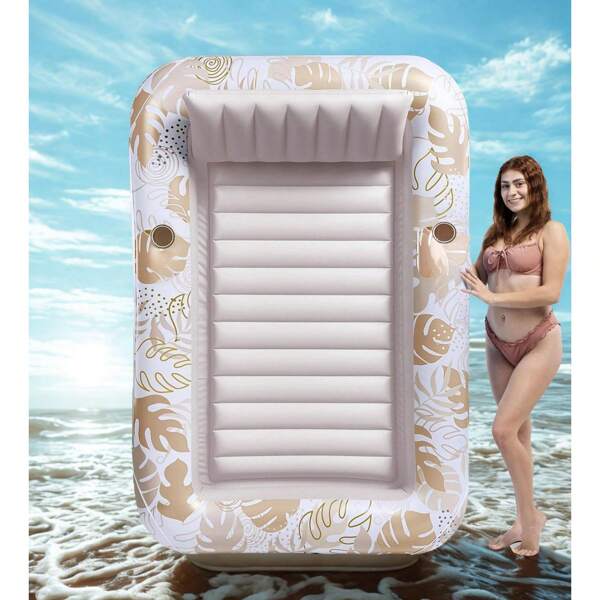 4-In-1 Inflatable Sun Lounger Swimming Pool Float, Extra Large Adult Pool Float With Pillow, Sun Lounger Floating Bed, Suitable For Inflatable Ball Pit, Gold