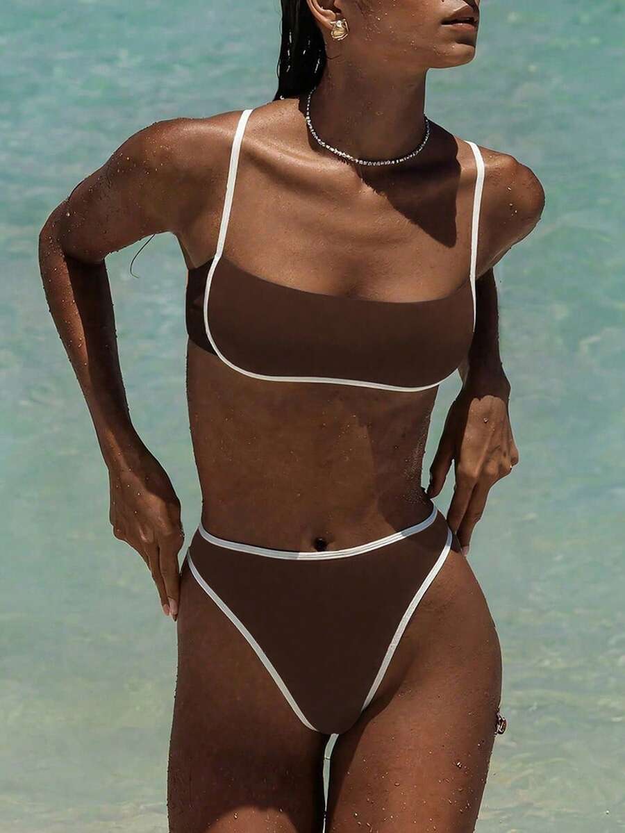 Women Simple Spliced Tie Back Sexy Girls Bikini Set High Waist Bathing Suits Beach Outfit Female Swimwear Coffee Color Backless Larger Size