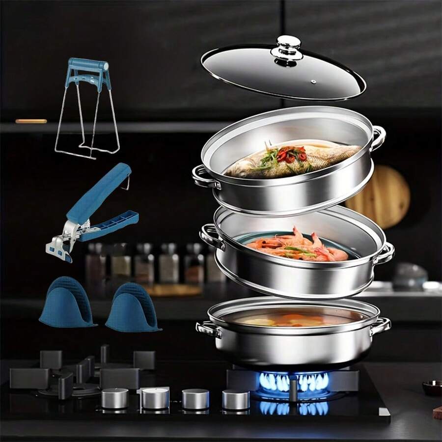 5PCS 不锈钢双层蒸锅和汤锅，三层蒸锅 - 二合一多功能烹饪用具，配有碗提取器、夹具、锅耳手夹，用于蒸、煮和汤 - 耐用且易于清洁的设计，适用于海鲜、蔬菜、饺子，多功能厨房用品 | 现代厨具，适用于餐厅、家庭、学校、户外用品 - 銀色 - 查看 1