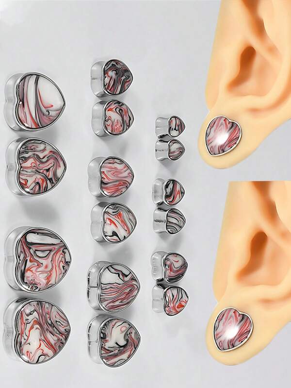 1Pair Cute Mix Red White Black Color Stone Heart Flared Ear Tunnels Stainless Steel Hollow Gauge Ear Plugs Strengther Expander Saddle Piercing Earring Unisex Decoration