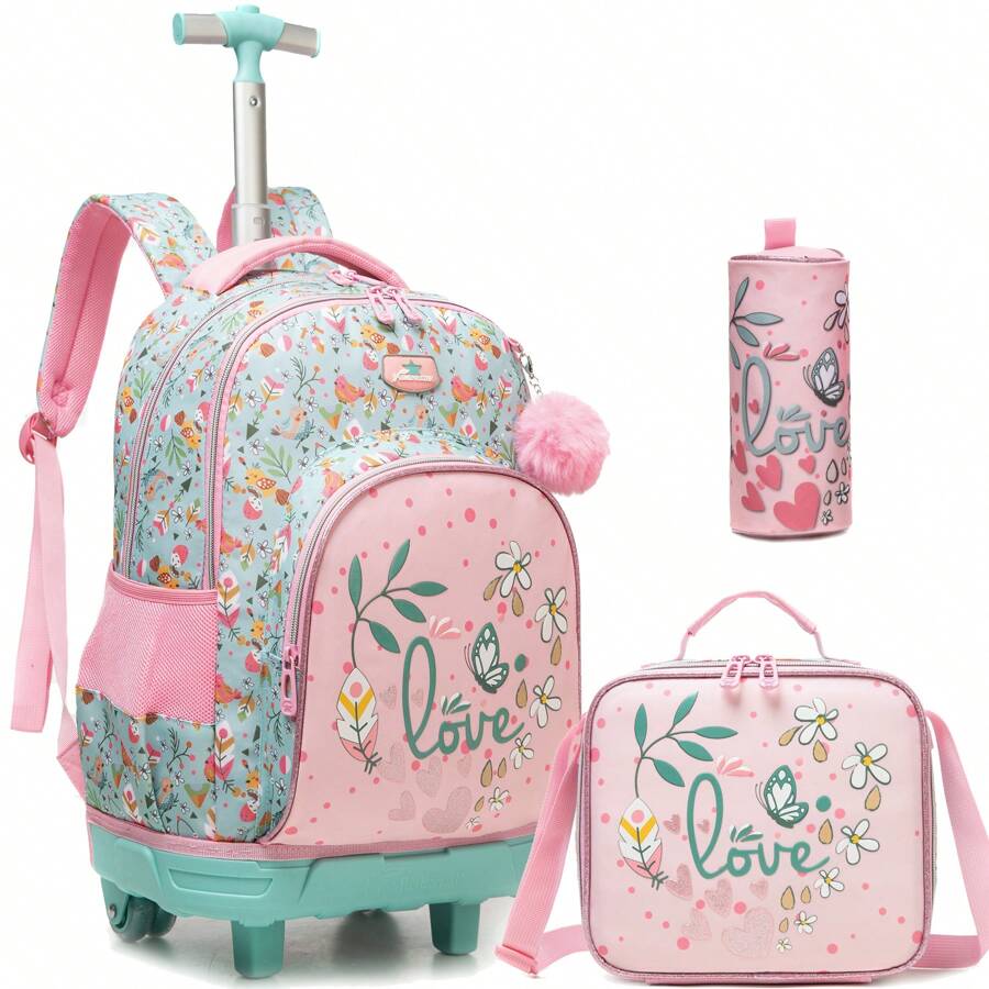 3件套女孩拉杆背包，带午餐盒和铅笔盒，适合小学生出行返校。 - 女童拉桿包 - 查看 1