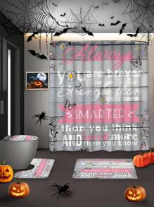 1/4 Pcs Grey & Pink Quote Shower Curtain Set With Bath Mat, Decorative Housewarming Gift, Modern Home Decor Bathroom Curtain & Mat 3 Pieces Set With 12 Shower Curtain Hooks, Suitable For All Seasons, Perfect Daily & Holiday Gift For Friends & Family