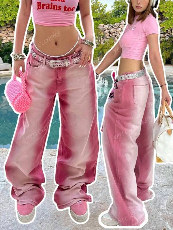 Calça jeans feminina estilo Y2K com perna reta e desgastada, casual para festas e uso urbano