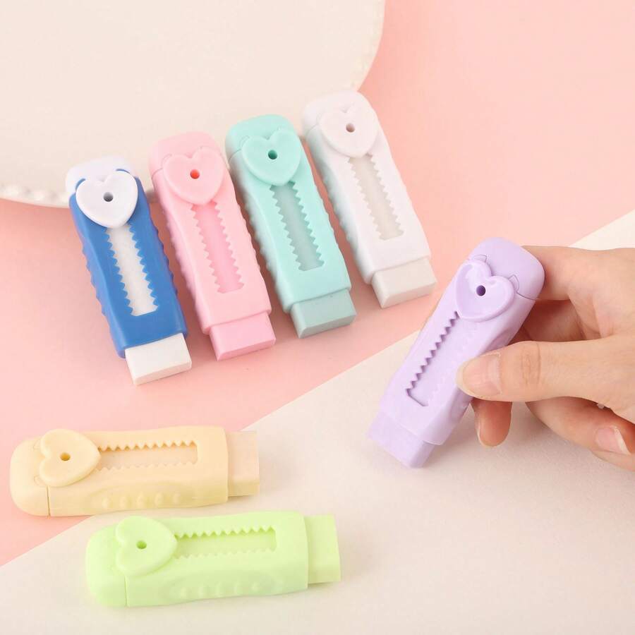 Cute Heart-Shaped Eraser Set, Durable ABS Material, Push-Pull Design, Lovely Macaron Colors, Suitable For Office And School Use,For School Supplies,Back To School - Multicolor - View 1