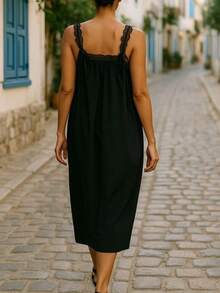 Women's Black Lace Trim Midi Dress - Sleeveless Summer Casual Dress - Black - View 2
