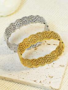 1. Stainless Steel Gold & Silver Bohemian Floral Jewelry For Women's Wedding, Dubai Style Hollow Crown Luxury 18K Gold-Plated Bangle, Lightweight Middle Eastern Style Bracelet, Suitable For Wedding Accessories, Daily Wear And Special Occasions, Mother's Day - Multicolor - View 5