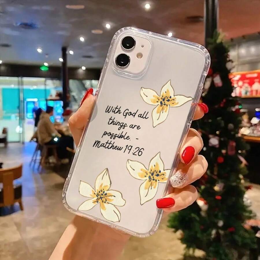 Funda amarilla con flores y el versículo de Mateo 19:26. Inspiradora frase cristiana. Compatible con phone 16, 11, 12, 13, 14, 15 Pro Plus. Un regalo perfecto para la mujer. Fe. - transparente - Ver 1