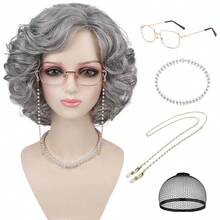 Set de 5 piezas que incluye peluca de abuela y accesorios para disfraz de anciana, peluca gris oscura para disfraz de abuela para la celebración de los 100 días de escuela, fiesta de disfraces de Halloween o diversión - Gris-gris oscuro - Ver 2