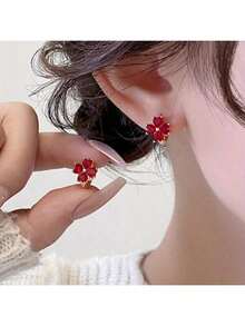 Simple And Compact Flower Earrings, Korean Version Four Leaf Flower Earrings, Simple And Elegant, Girls' Jewelry, Suitable For Girls, Give Gifts To Family And Friends - Đỏ - Xem 1
