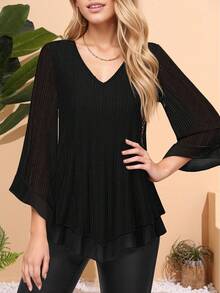 CheersLife 女士优雅V领双层弹力网纱休闲飘逸工作衬衫，荷叶边装饰，七分喇叭袖，黑色，春季款 - 黑色 - 查看 2