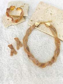 4pcs/Set Minimalist Hollow Out Wide Necklace Earrings Bracelet Net Design Elegant Matching Jewelry Set For Women