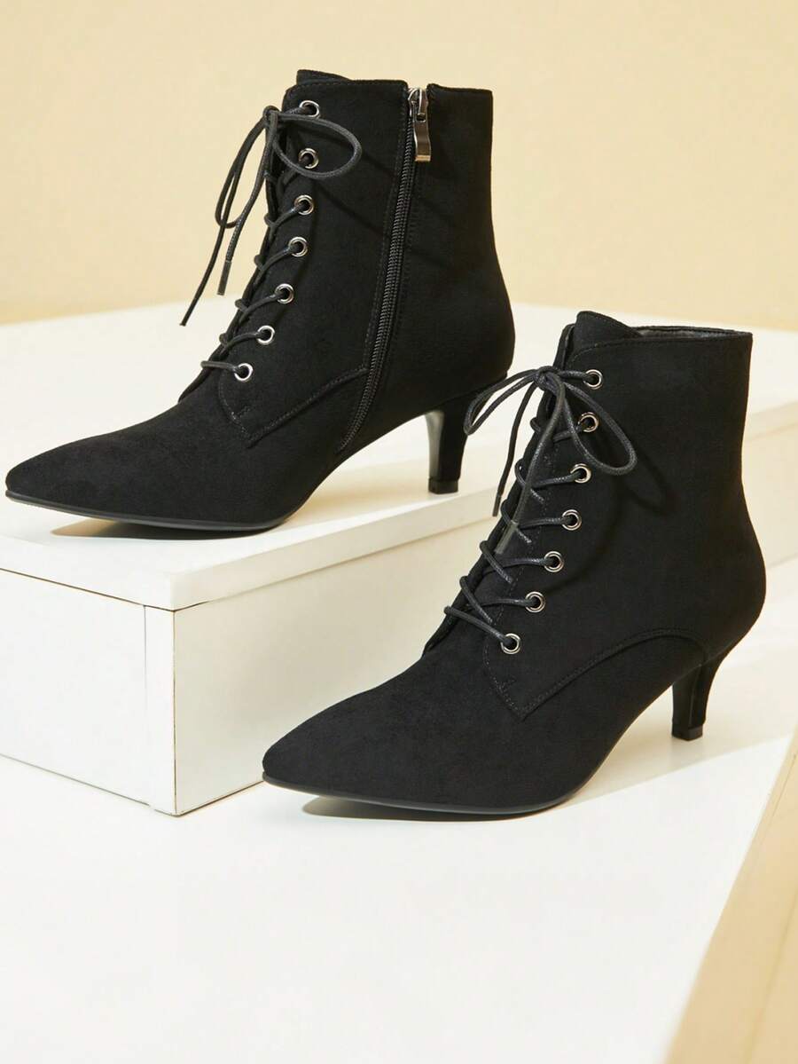 Elegant Women's Ankle Boots Black Pointed Toe Lace Up Low Heel Kitten Heel Boots Comfortable Work Office Zipper Motorcycle Boots For Women - da lộn đen - Xem 1