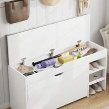 VOWNER Shoe Cabinet With 3 Compartments, Shoe Bench, Shoe Bench With Seat Cushion, 100 X 30 X 55 Cm - 白色 - 查看 5