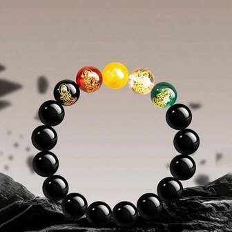 Couples Natural Agate Bracelet With Five Wealth Gods Beads, Lucky Charm Bracelet For Men And Women, Couples Gift